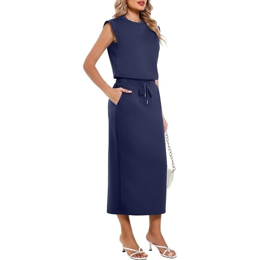 Casly Lamiit Two Piece Set Cap Sleeve Top Drawstring Midi Skirt Navy XL NEW